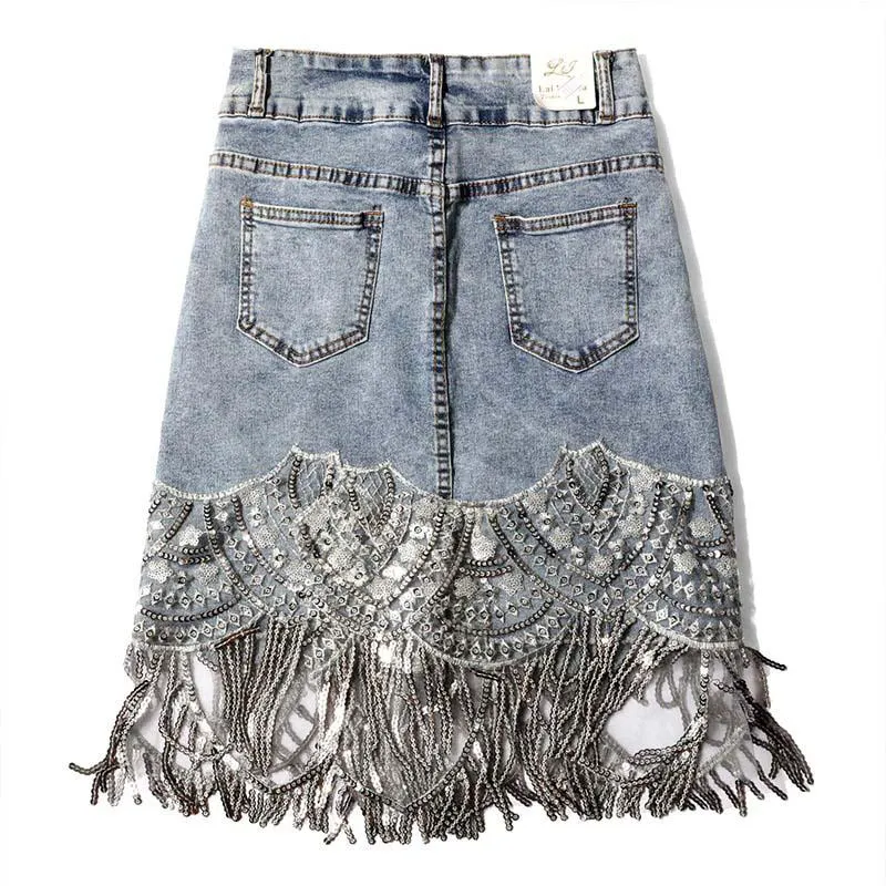 Denim Mini Skirts High Waist Blue Hip Jeans Beading Tassel Skirt