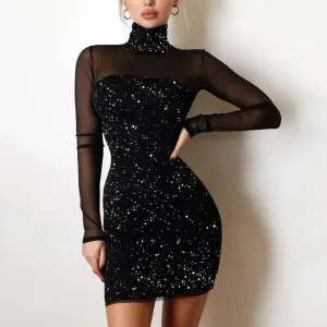 DressBetty - Sexy Turtleneck Bodycon Shiny Party Dress Fashion Mesh Patchwork Long Sleeve Mini Dress Women Elegant Dinner Party Banquet Dress