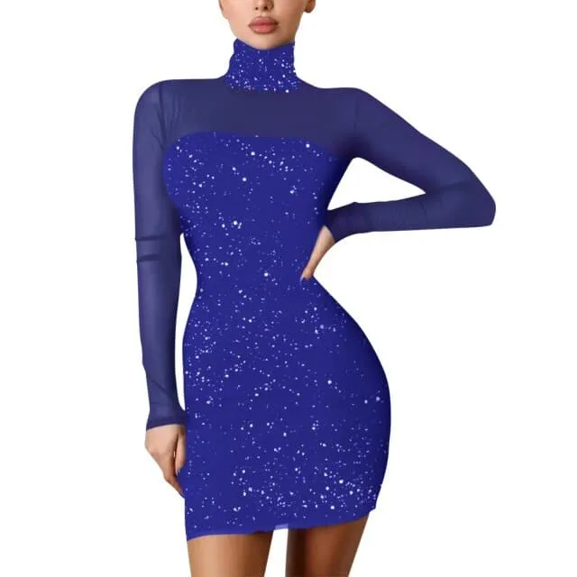 DressBetty - Sexy Turtleneck Bodycon Shiny Party Dress Fashion Mesh Patchwork Long Sleeve Mini Dress Women Elegant Dinner Party Banquet Dress