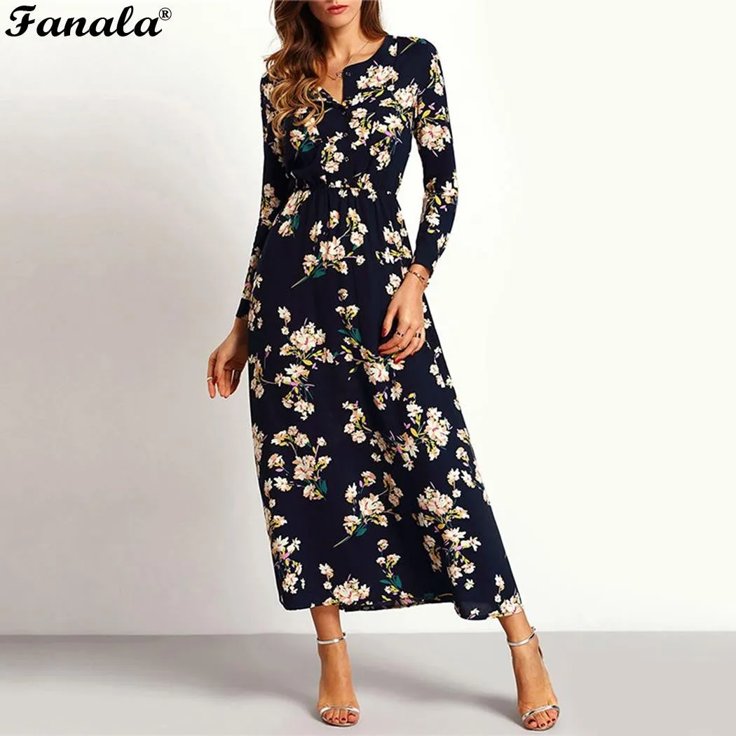 FANALA Vintage Women Autumn Dress Long Sleeve V-neck Flora Print Dresses Elegant Long Maxi Spring Party Dress Vestidos 2018