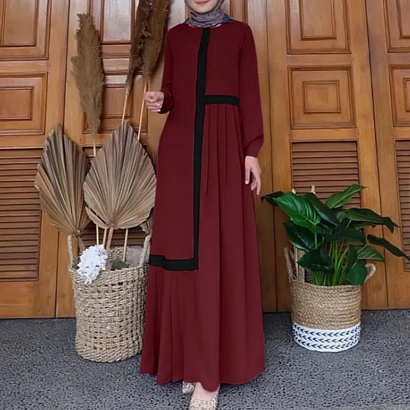 Fashion Muslim Patchwork Dress Women Autumn Pleated Sundress ZANZEA Long Sleeve Turkish Vestidos Female Jilbab Abaya Robe Femme L S4479726