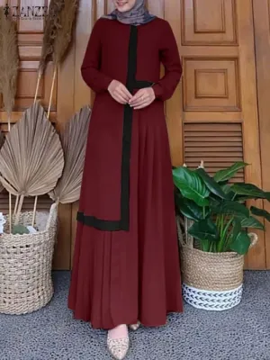 Fashion Muslim Patchwork Dress Women Autumn Pleated Sundress ZANZEA Long Sleeve Turkish Vestidos Female Jilbab Abaya Robe Femme L S4479726