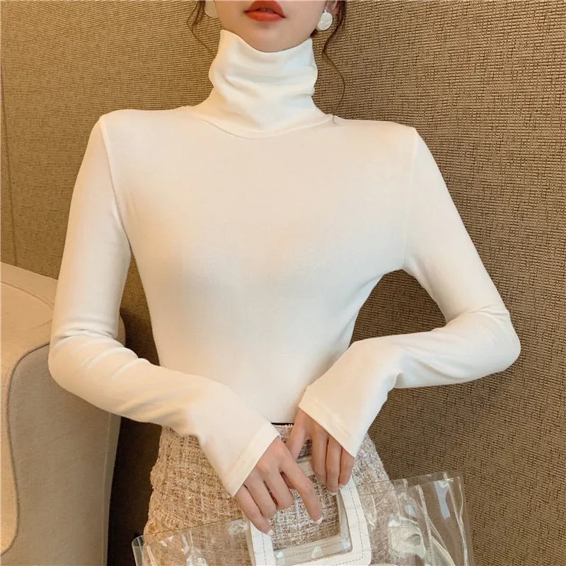 Fashionkova  Spring Autumn Long Sleeve Women T-Shirts Harajuku Casual Slim Turtleneck Base White Top T-Shirt For Girl Solid Bottoming T Shirt