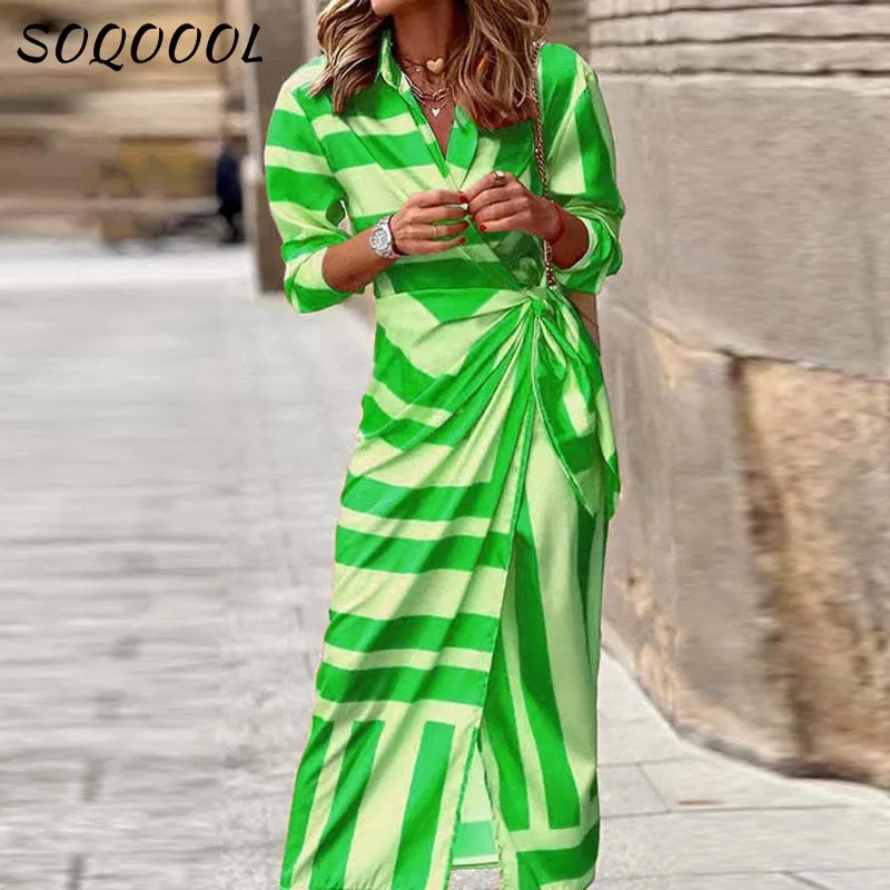 Fashionkova   Striped Bandage Sexy Split Shirt Dress Women Summer Spring 2022 Casual Bohemia Beach Vacation Elegant Long Dresses Lady Vestidos