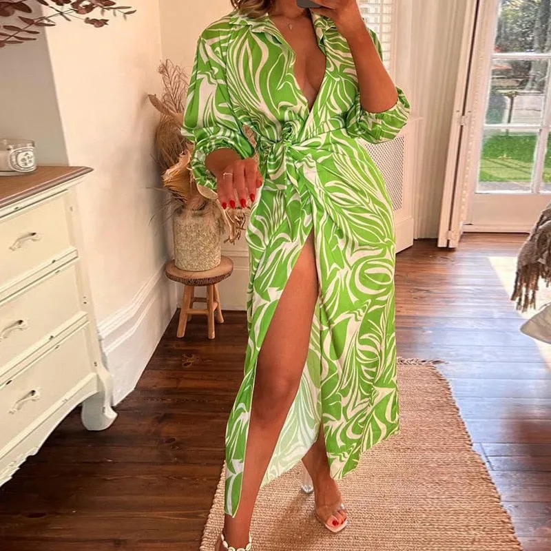 Fashionkova   Striped Bandage Sexy Split Shirt Dress Women Summer Spring 2022 Casual Bohemia Beach Vacation Elegant Long Dresses Lady Vestidos