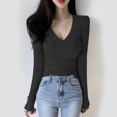 Fashionkova  V Neck T Shirt Women 2022 Spring Korean Style Slim Cotton Tee Shirt Elastic Long Sleeve Top Tshirt Womens Clothing Poleras Mujer