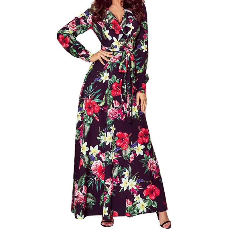 Fashionkova  Women Floral Print Long Dress V Neck Long Sleeves A Line Swing Lace Up Casual Loose Bohemian Autumn Winter Maxi Dresses