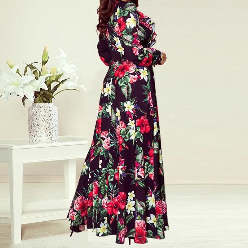 Fashionkova  Women Floral Print Long Dress V Neck Long Sleeves A Line Swing Lace Up Casual Loose Bohemian Autumn Winter Maxi Dresses