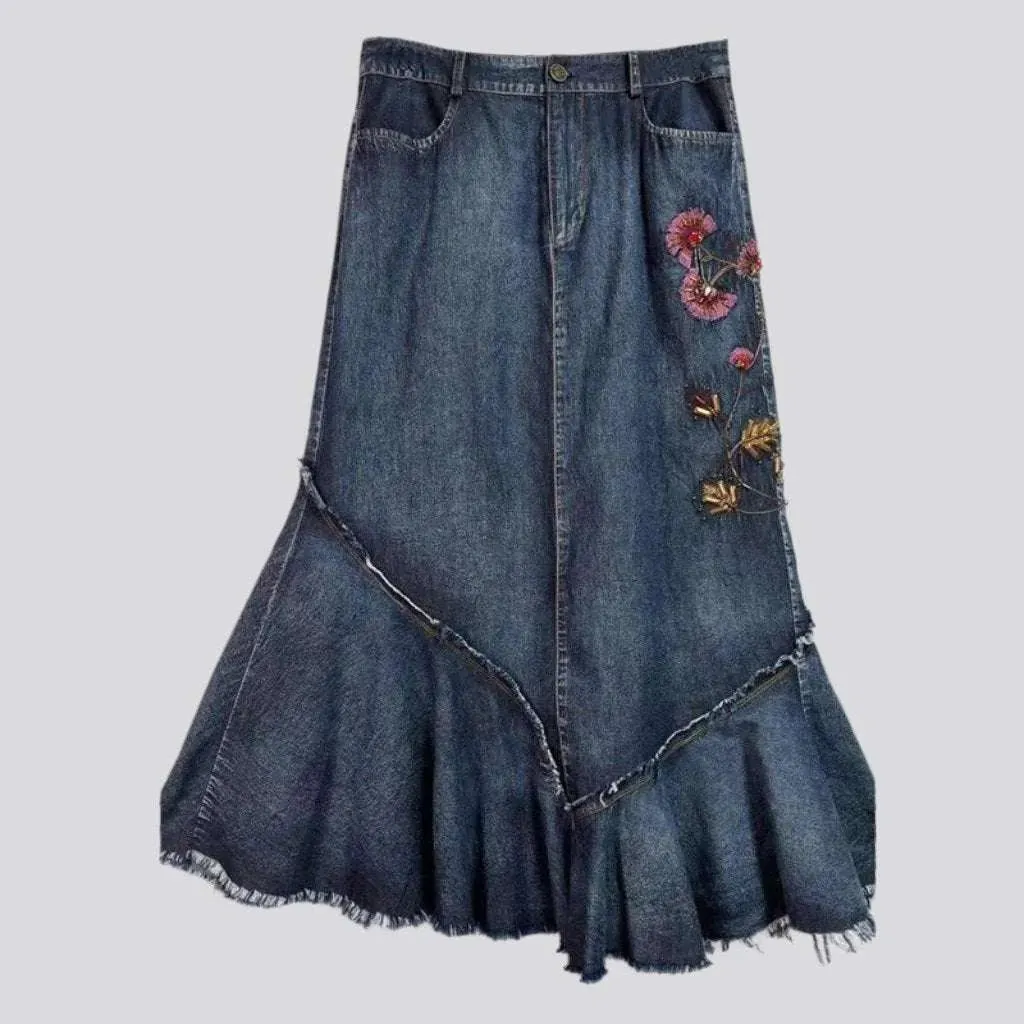 Flower embroidery denim skirt
 for women