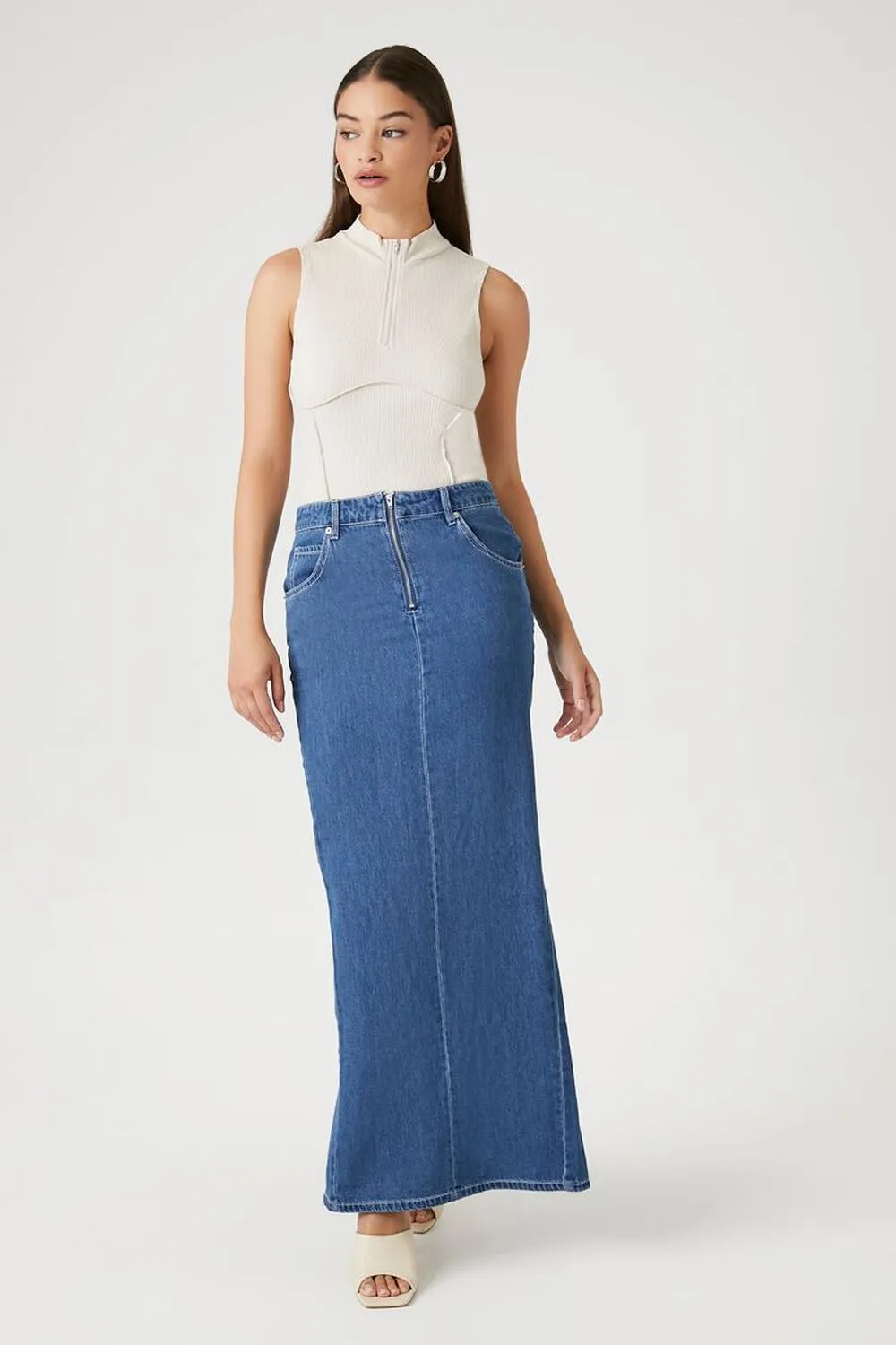 Forever 21 Denim Midi Skirt With Zip Front Split, Denim