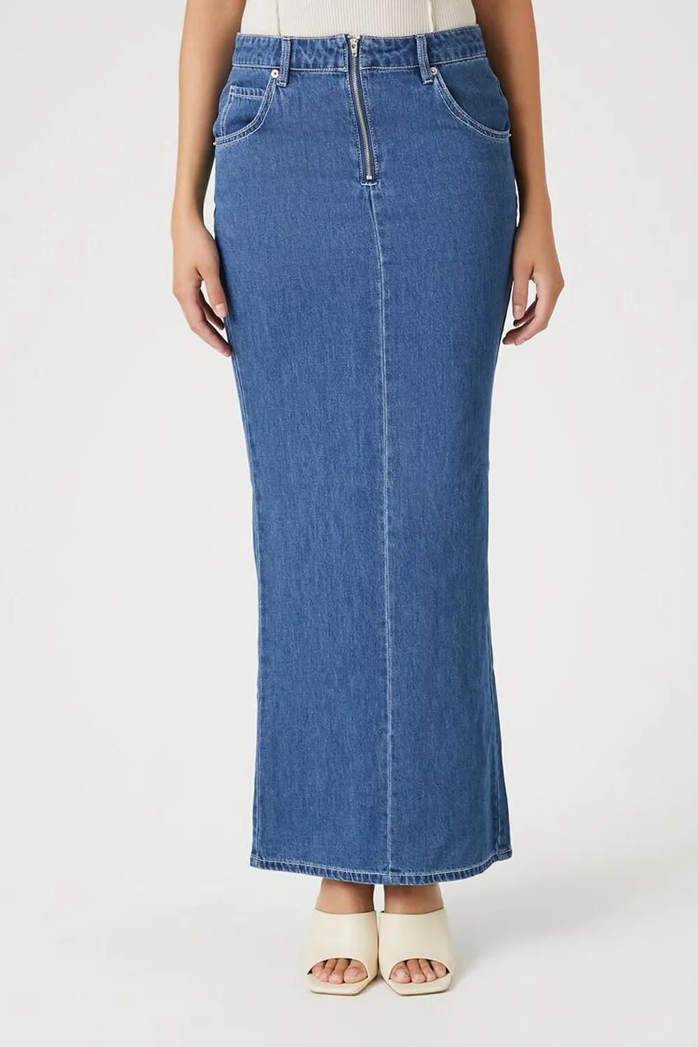 Forever 21 Denim Midi Skirt With Zip Front Split, Denim