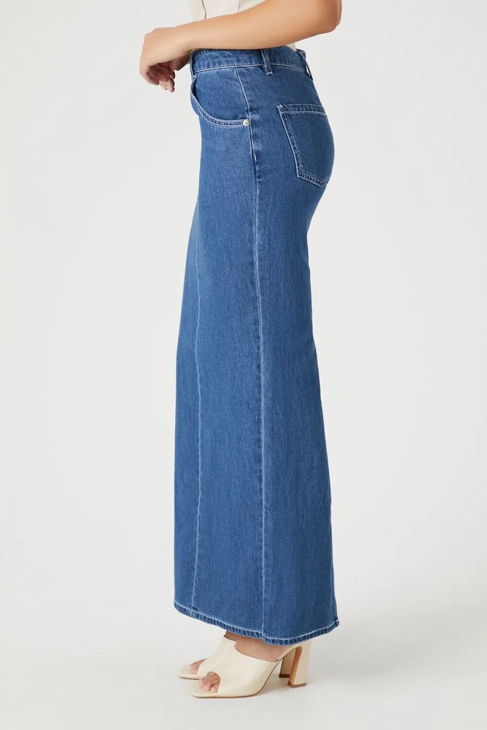 Forever 21 Denim Midi Skirt With Zip Front Split, Denim