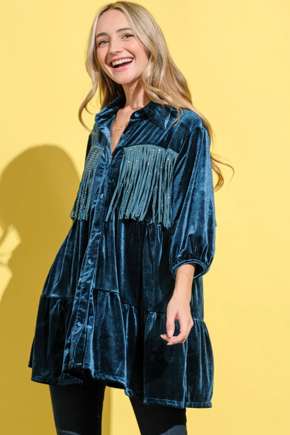 Fringe Detailed Velvet Shirt Dress