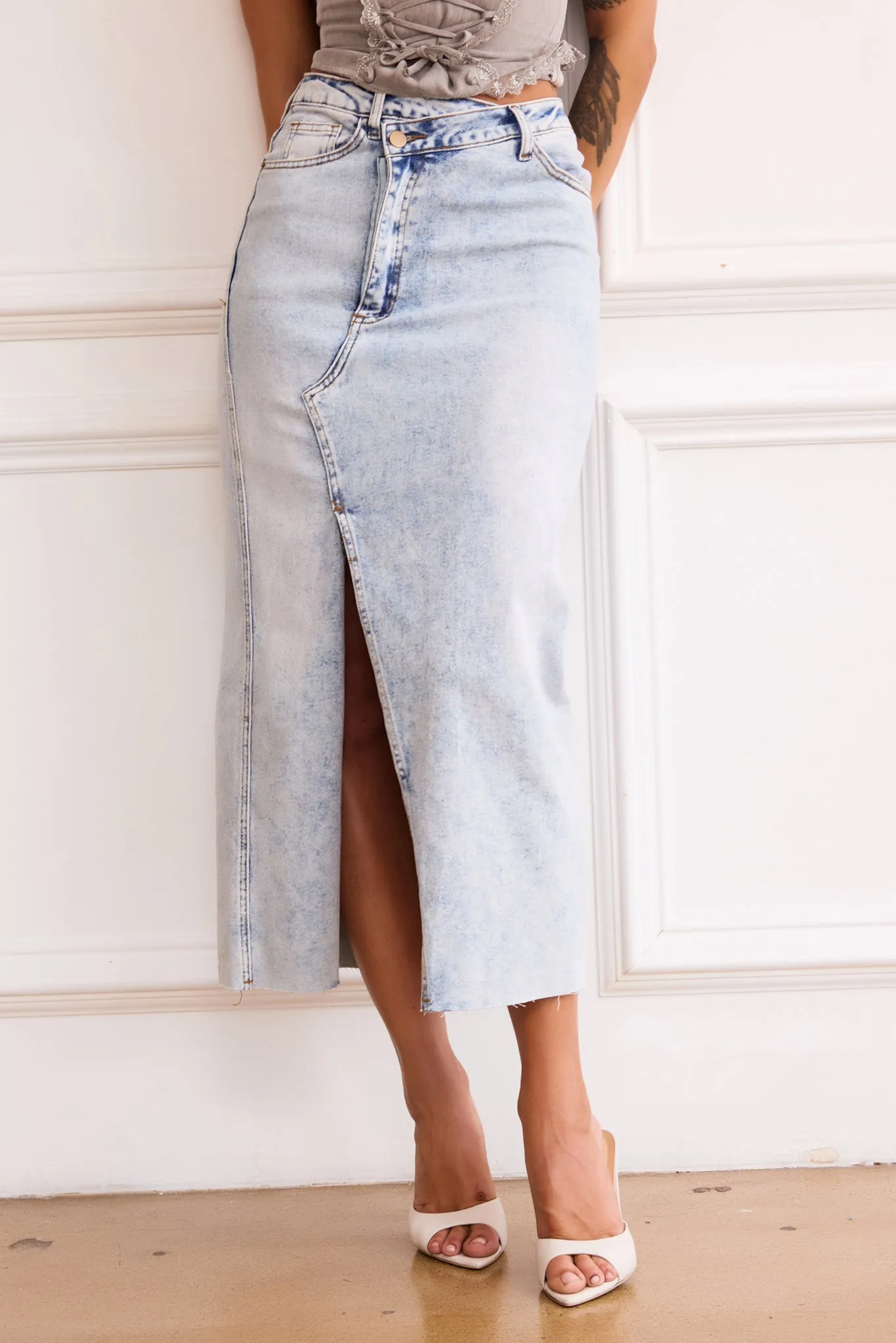 Gianni Denim Midi Skirt - Washed Blue