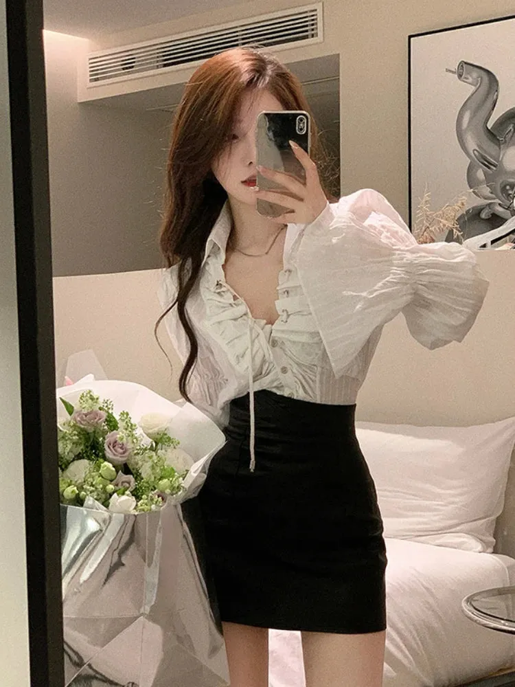 Girlary Autumn Design Elegant Blouse Women Long Sleeve Korean Style Shirts Office Lady Pure Color Thin Y2k Clothing Fashion Tops