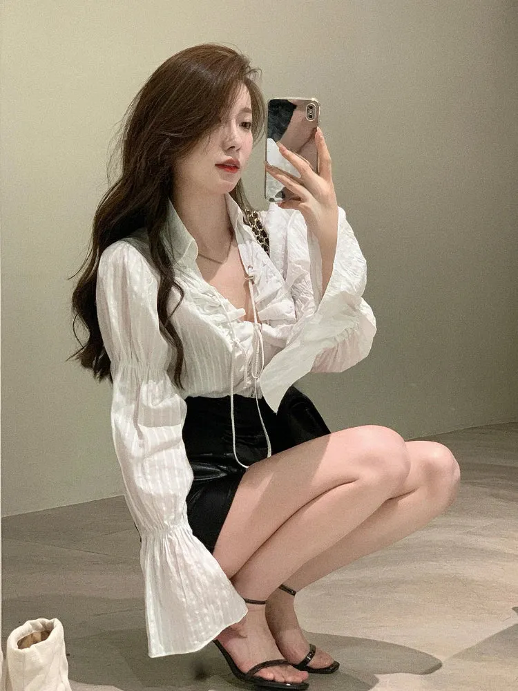 Girlary Autumn Design Elegant Blouse Women Long Sleeve Korean Style Shirts Office Lady Pure Color Thin Y2k Clothing Fashion Tops