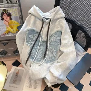 Girlary Splicing Womens Clothing Vintage Street Sweatshirt Y2K Butterfly Hoodie Pullover Long Sleeves Warm Oversize Ladies Tops