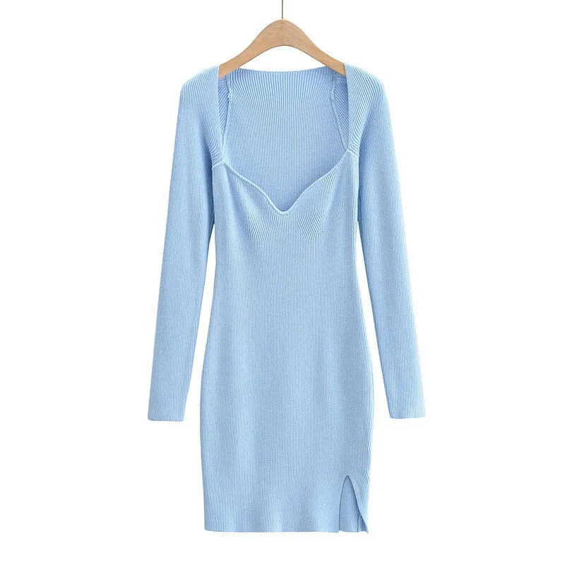 Graduation Gifts  Women Sweetheart Neckline Knit Dress Sexy Long Sleeve Knit Dresses Sweater Korean Sexy Sweet Girl Female KR42