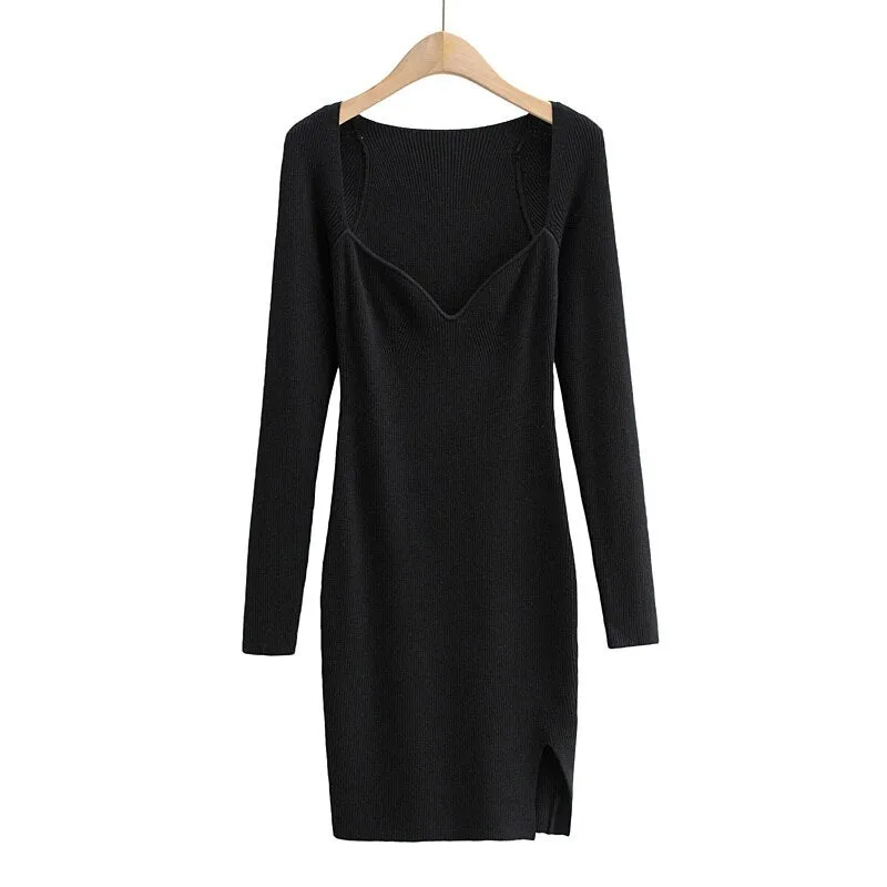 Graduation Gifts  Women Sweetheart Neckline Knit Dress Sexy Long Sleeve Knit Dresses Sweater Korean Sexy Sweet Girl Female KR42