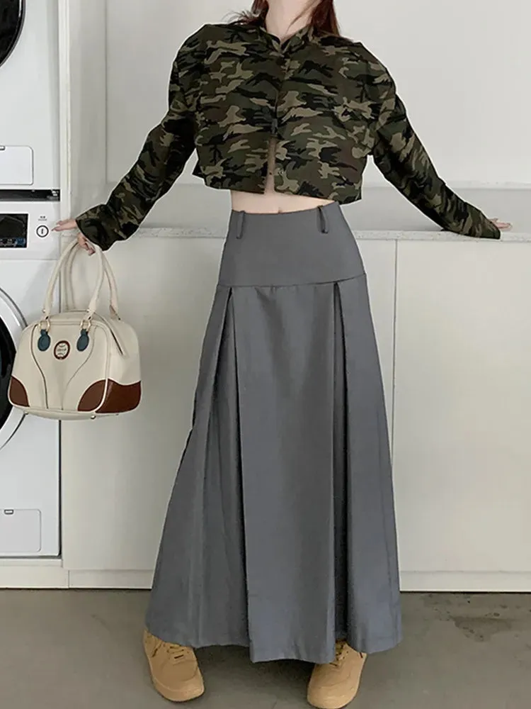 Grey Midi Long Skirts Womens Trousers Skirt Autumn Winter Goth Lolita High Waist Asymmetrical Pleated Skirts