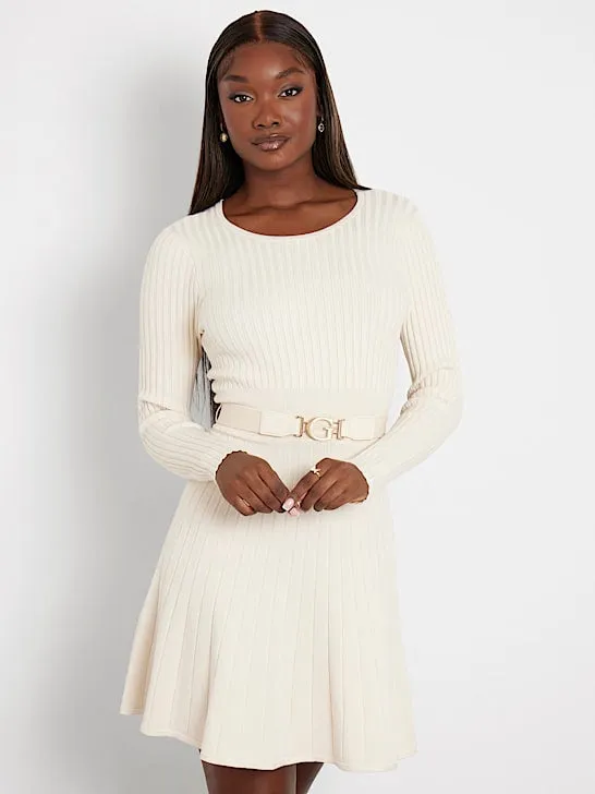 Guess Paige Pleated Mini Sweater Dress - Cream