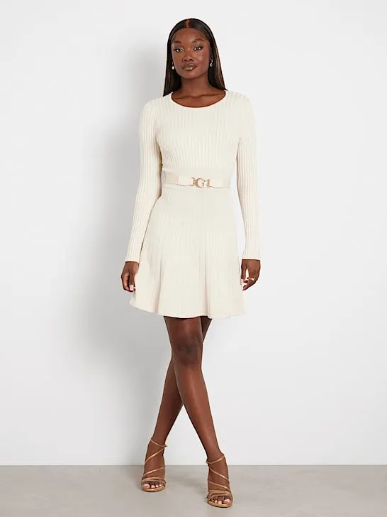 Guess Paige Pleated Mini Sweater Dress - Cream