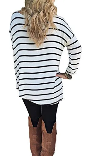 Halife Women's Crew Neck Long Sleeve T Shirt Women Loose Fit Casual Top Blouse,Black and White,Large