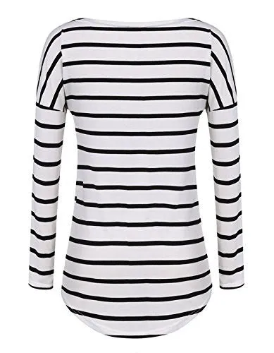 Halife Women's Crew Neck Long Sleeve T Shirt Women Loose Fit Casual Top Blouse,Black and White,Large