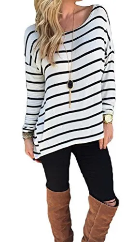 Halife Women's Crew Neck Long Sleeve T Shirt Women Loose Fit Casual Top Blouse,Black and White,Large