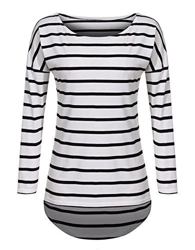 Halife Women's Crew Neck Long Sleeve T Shirt Women Loose Fit Casual Top Blouse,Black and White,Large