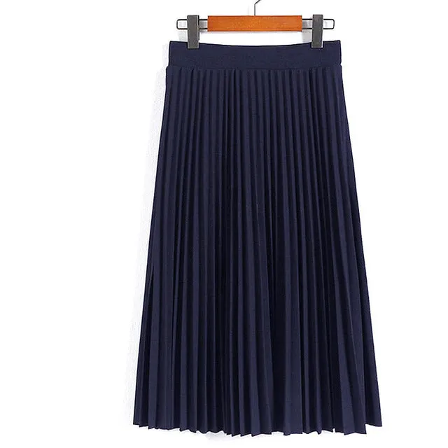 High Waist Pleated Solid Color Ankle Length Skirt