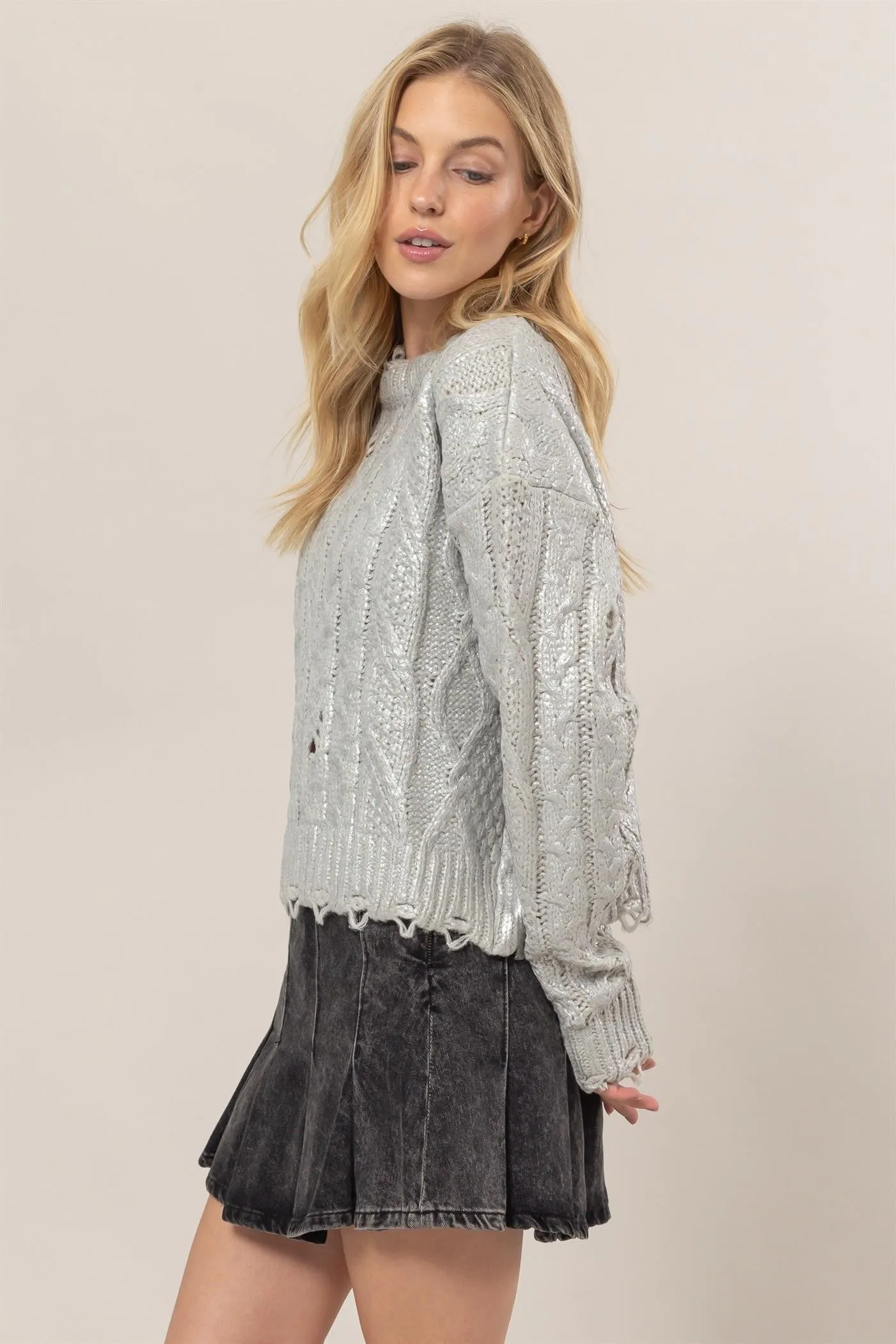 HYFVE Distressed Cable-Knit Round Neck Long Sleeve Sweater