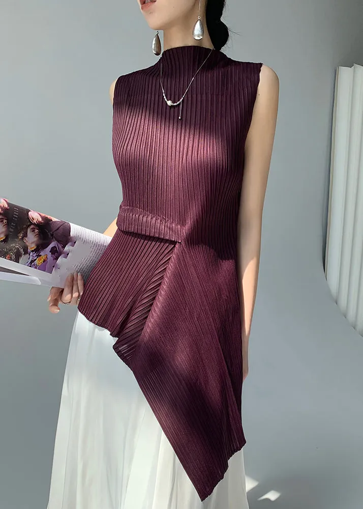 Italian Purple Turtleneck Asymmetrical Patchwork Tops Summer AN1013