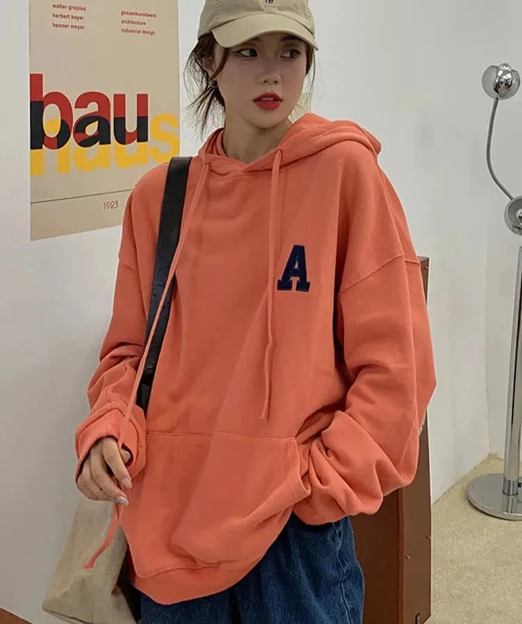 Korean Letter Embroidery Navy White Hoodies Double Layer Hooded Sweatshirt Orange Thin Pullover Female Tops Autumn M-XL