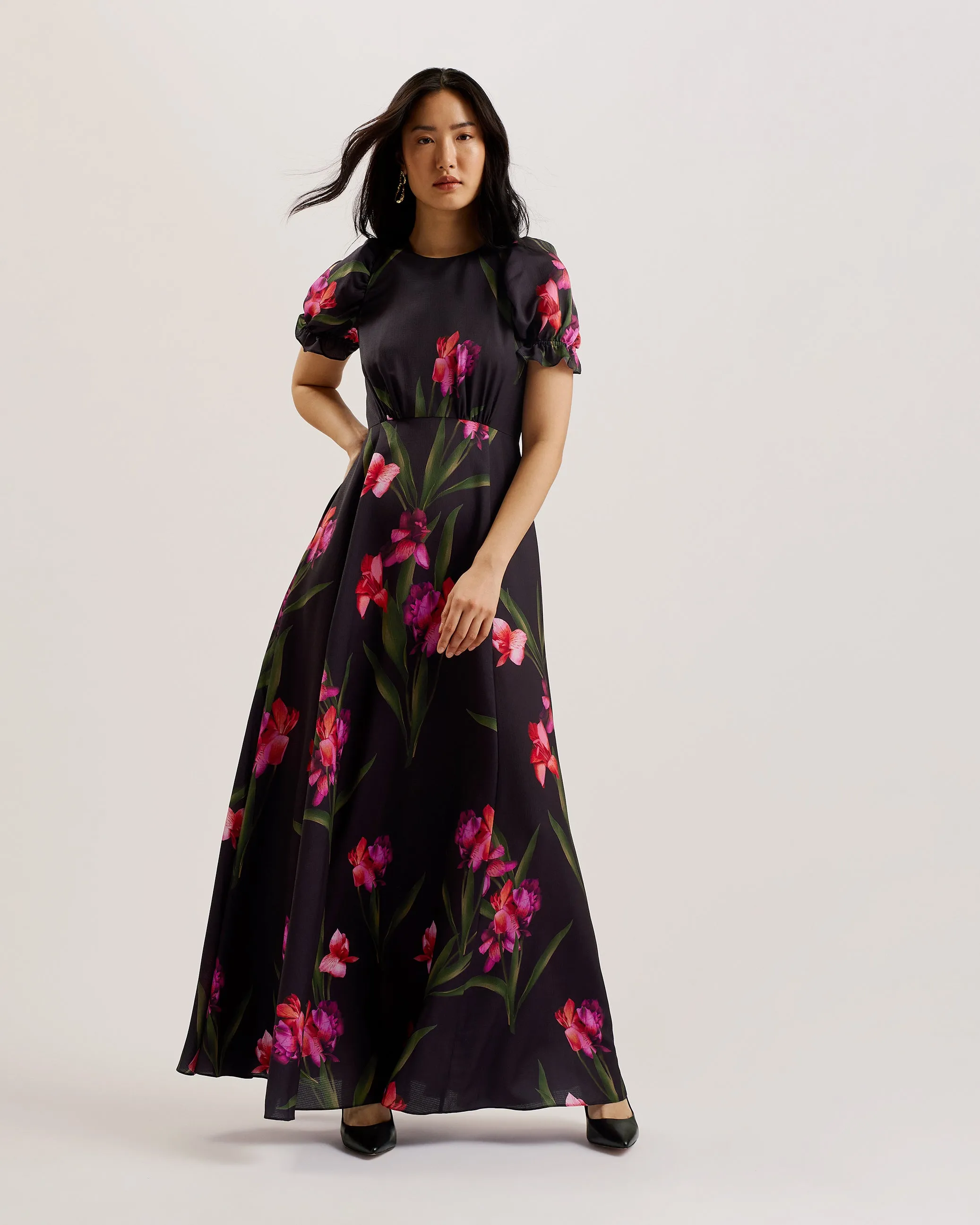 Loceie Puff Sleeve Printed Maxi Dress Black