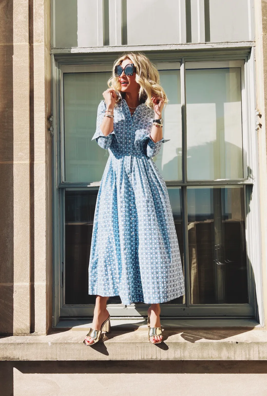 Long Sleeve Shirtdress - Blue Circles