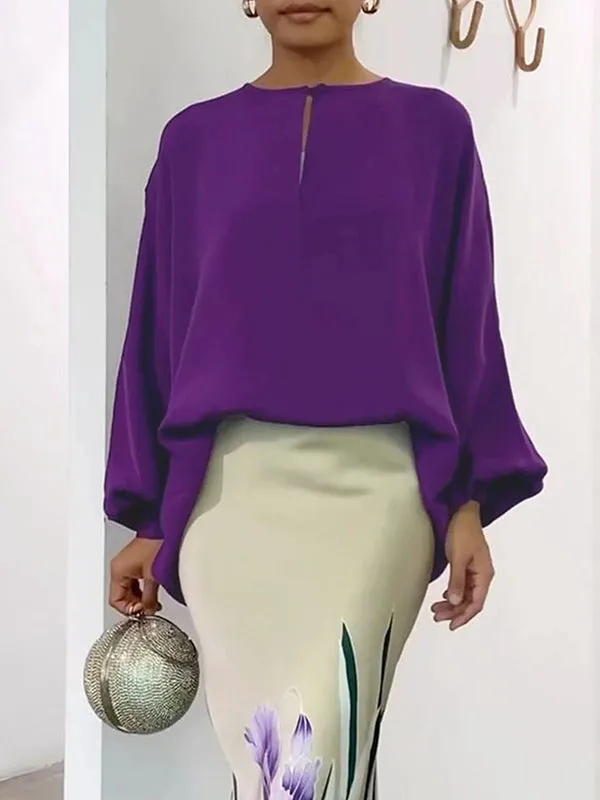 Long Sleeves Loose Hollow Solid Color Round-Neck Blouse