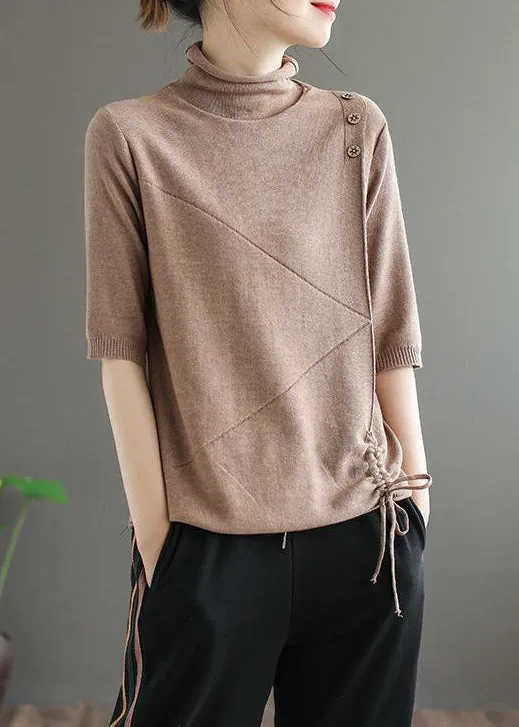 Loose Khaki Turtleneck Drawstring Patchwork Knit Tops Half Sleeve ML1755