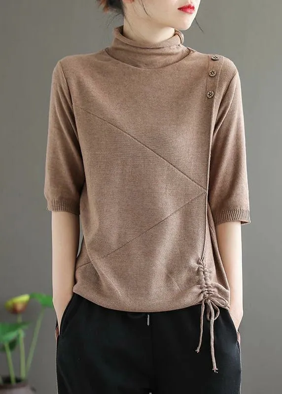 Loose Khaki Turtleneck Drawstring Patchwork Knit Tops Half Sleeve ML1755