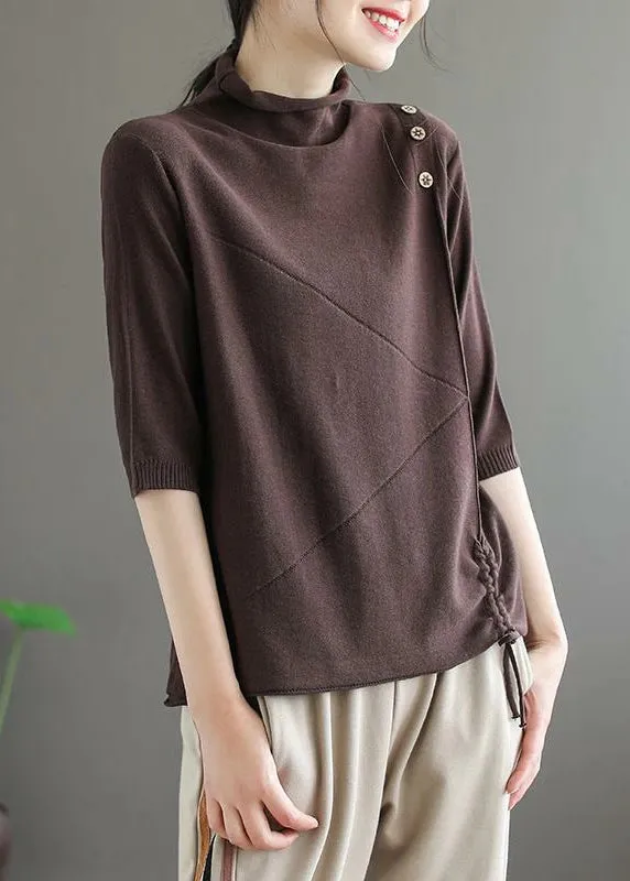 Loose Khaki Turtleneck Drawstring Patchwork Knit Tops Half Sleeve ML1755