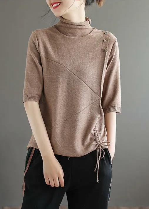 Loose Khaki Turtleneck Drawstring Patchwork Knit Tops Half Sleeve ML1755