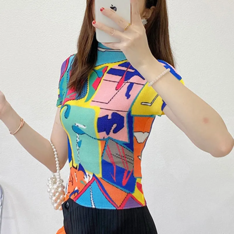 Miyake Pleated Abstract Print Short Sleeve Top