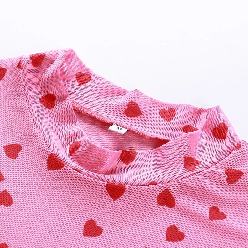 Pink Kawaii Cropped Top Heart Print Cute Short Sleeve Sexy Mesh Summer T Shirt