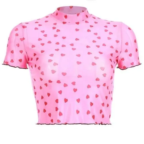 Pink Kawaii Cropped Top Heart Print Cute Short Sleeve Sexy Mesh Summer T Shirt