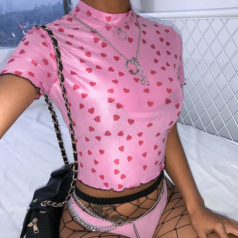 Pink Kawaii Cropped Top Heart Print Cute Short Sleeve Sexy Mesh Summer T Shirt