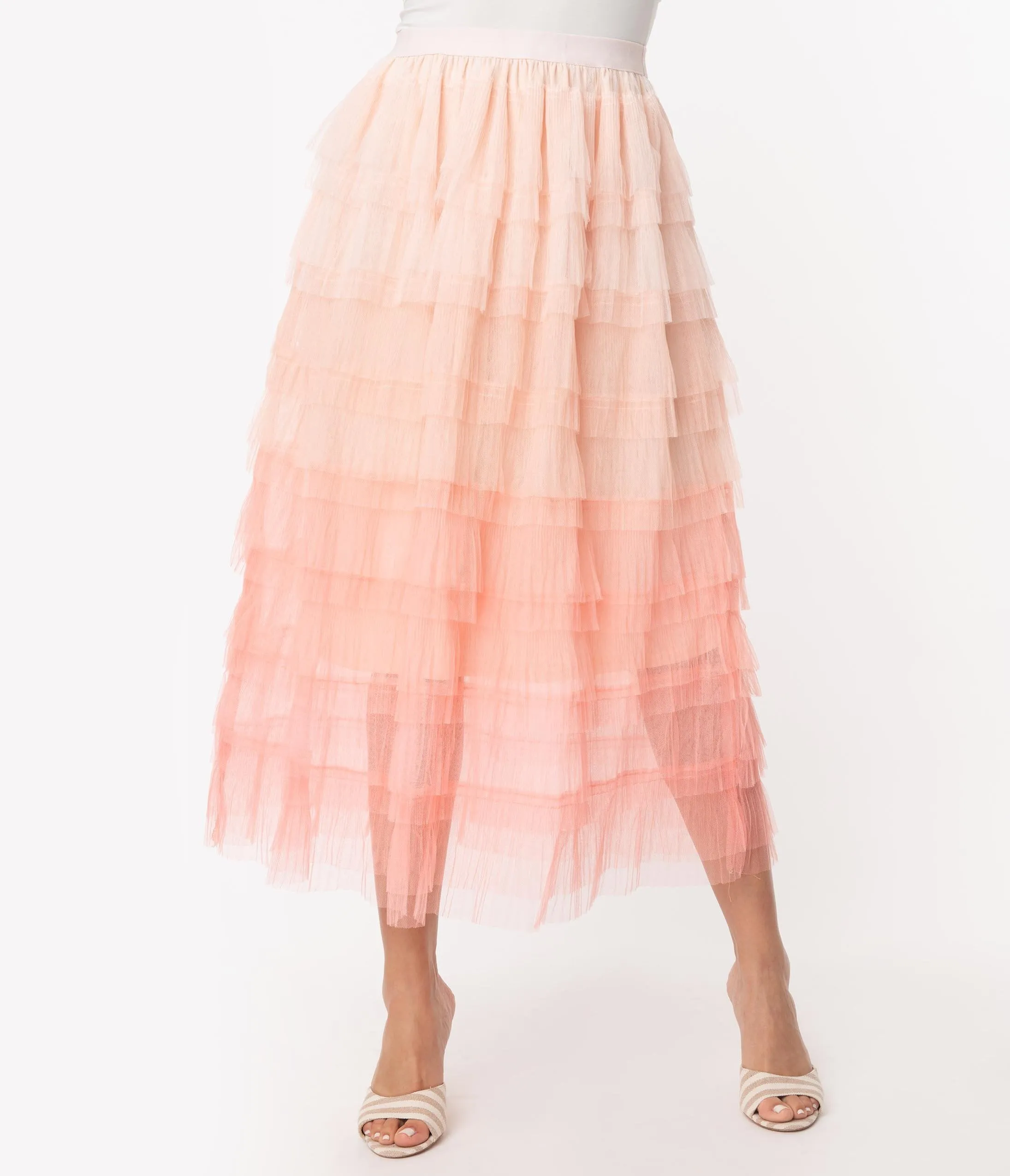 Pink Tiered Ombre Tulle Midi Skirt