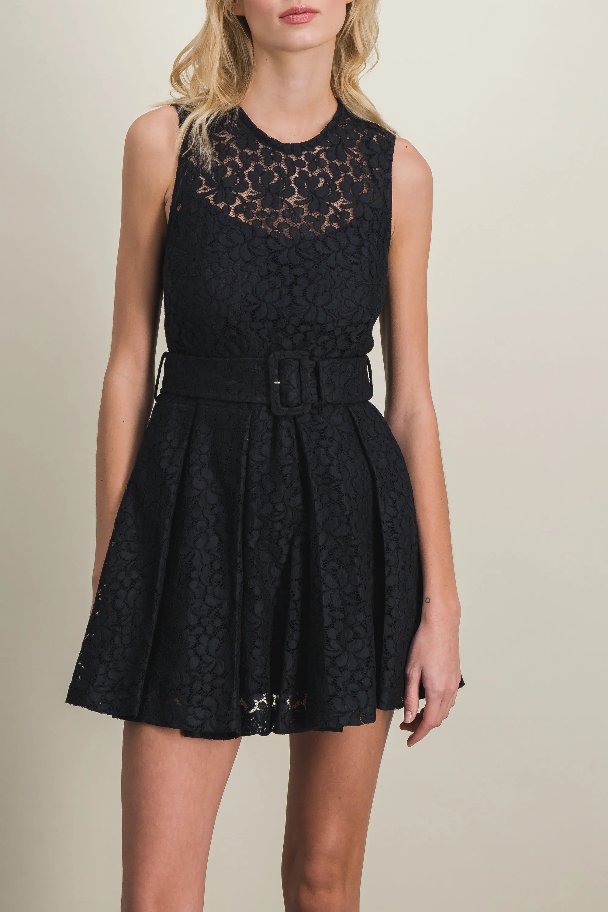 Pleated eco-lace mini dress