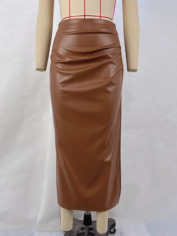 Pleated Solid Color Split-Side Bodycon High Waisted Skirts Bottoms