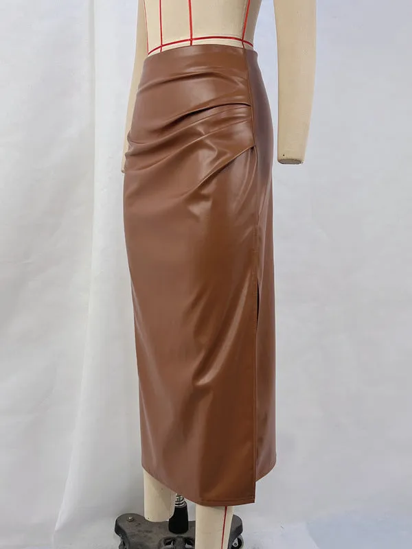 Pleated Solid Color Split-Side Bodycon High Waisted Skirts Bottoms