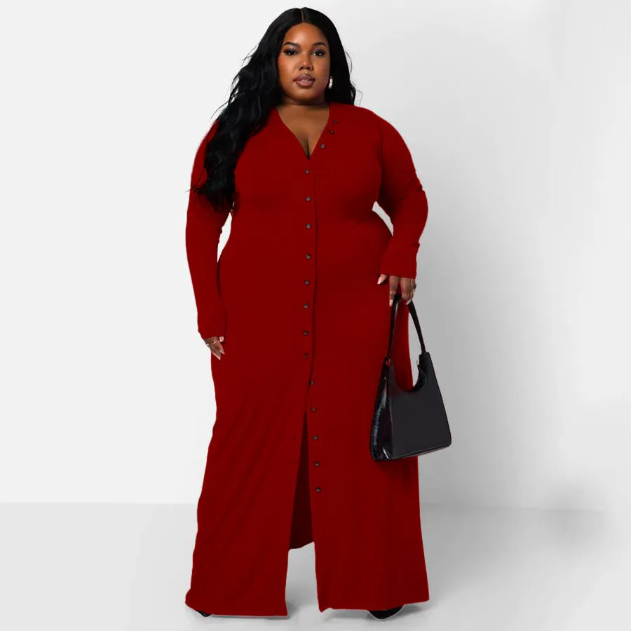 Plus Size Rib Button Maxi Shirt Dress